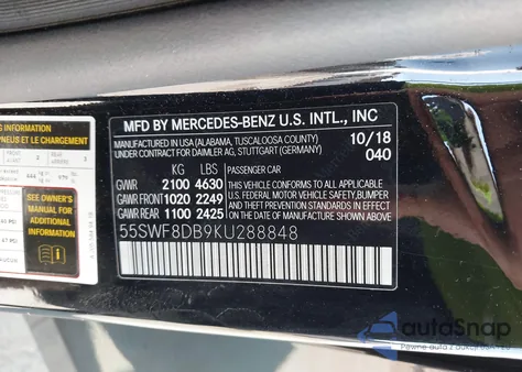 2019 Mercedes-Benz C 300 из США, поврежденный, VIN 55SWF8DB9KU288848